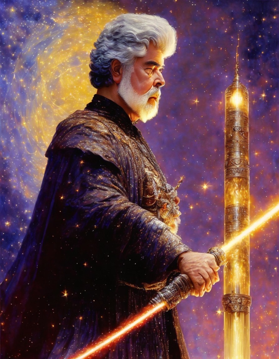 Wise Figure in Cosmic Landscape with Glowing Staff