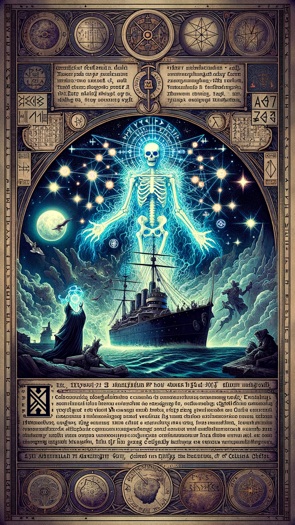 Glowing Skeletal Figure Over Ship in Mystical Scene