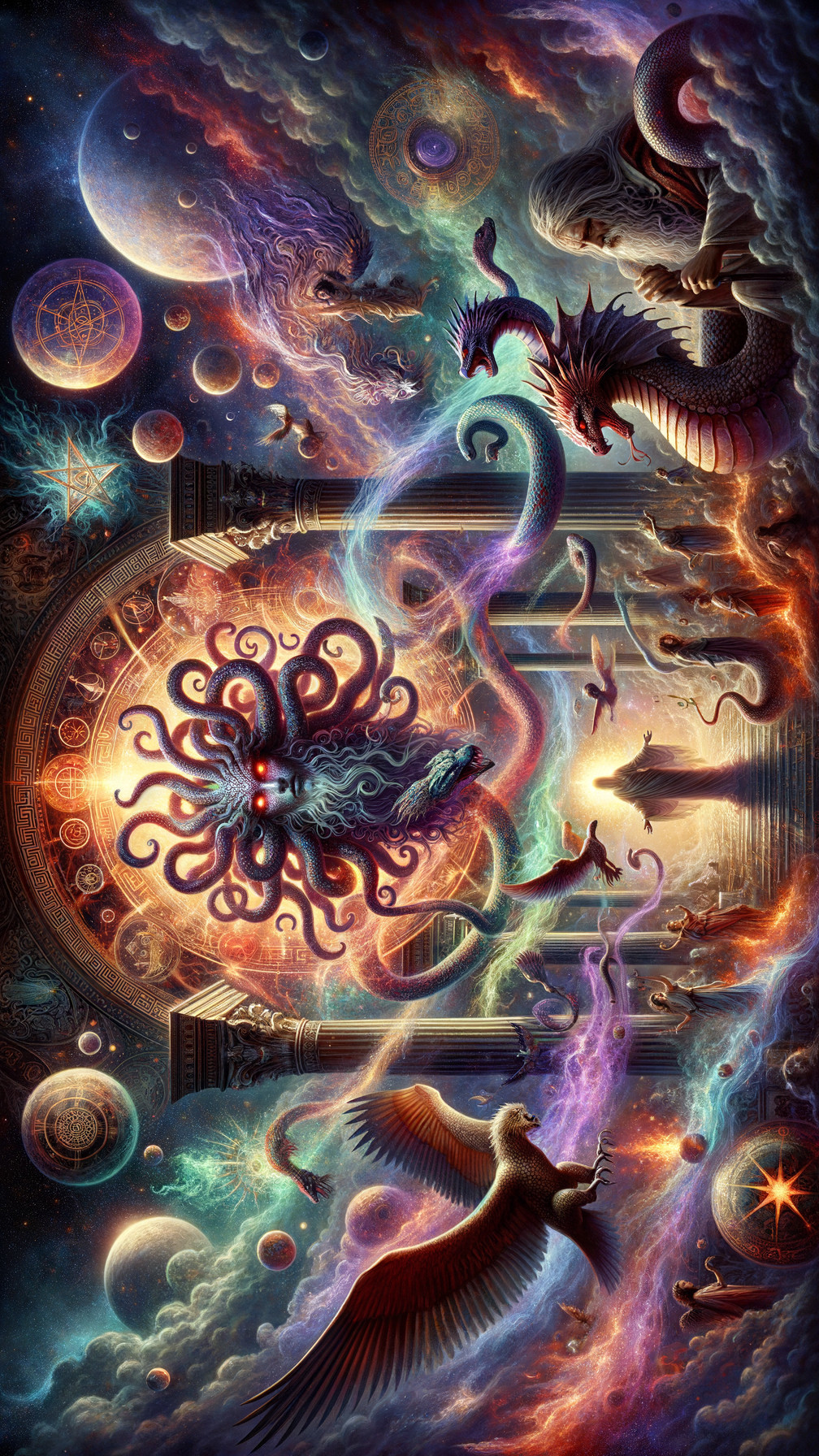 Vibrant Cosmic Scene with Mythical Creatures and Galaxies