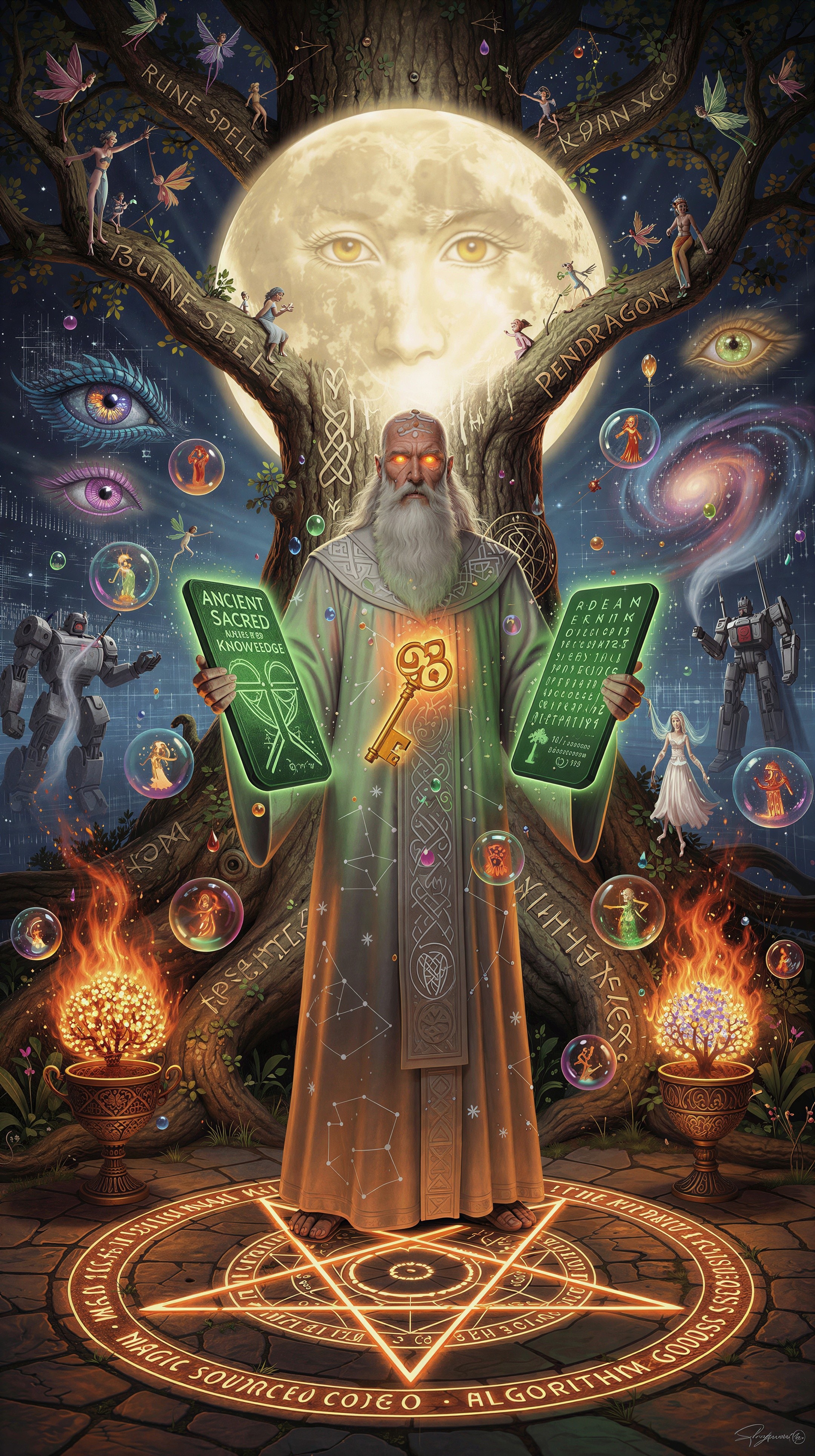 Old Man with Glowing Eyes and Sacred Tablets