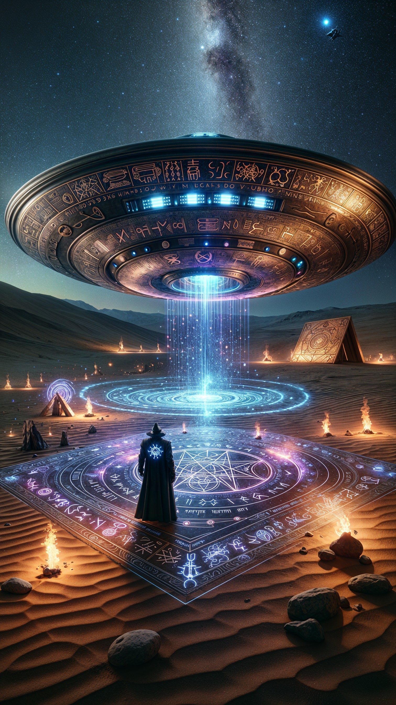 Mystical Desert Scene with UFO and Shadowy Figures