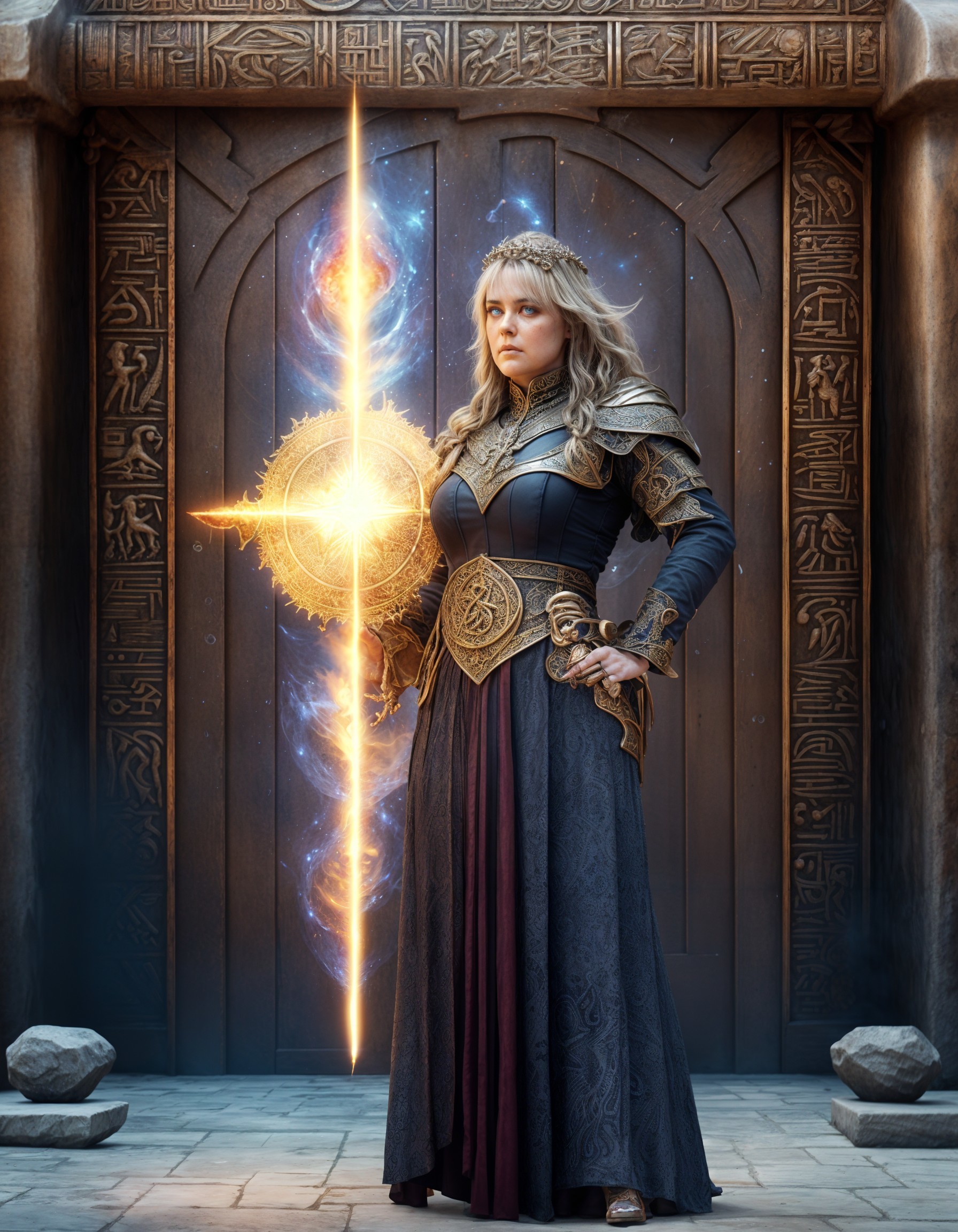 Sorceress in Armor Before Ancient Mystical Door
