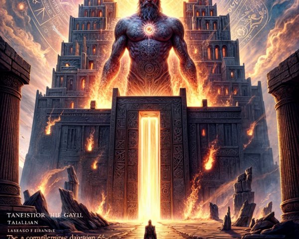 Symbolic Figure Before Ornate Gates in Cosmic Setting