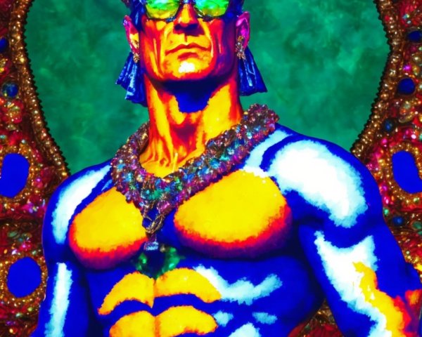 Vibrant Sculpted Figure with Crown and Sunglasses