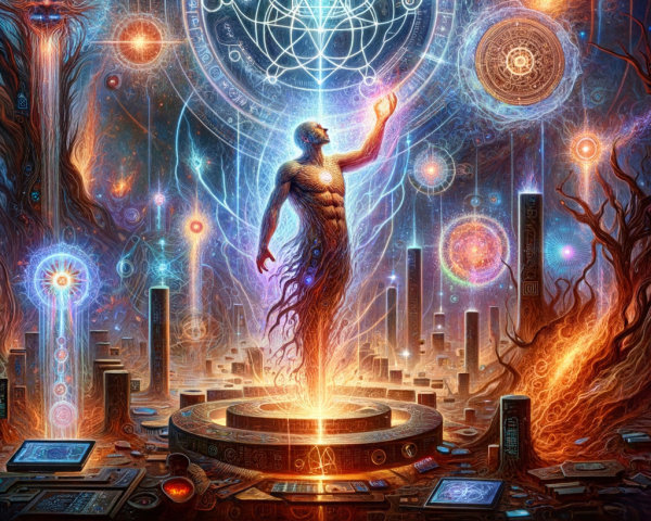 Glowing Figure Amid Geometric Patterns and Stone Structures