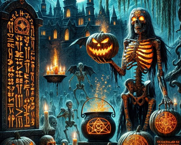 Spooky Halloween Graveyard with Skeleton and Pumpkins
