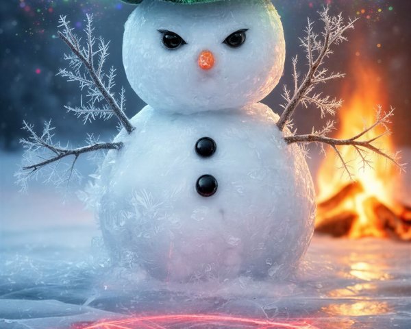 Evil Snowman with Glowing Eyes on Icy Surface