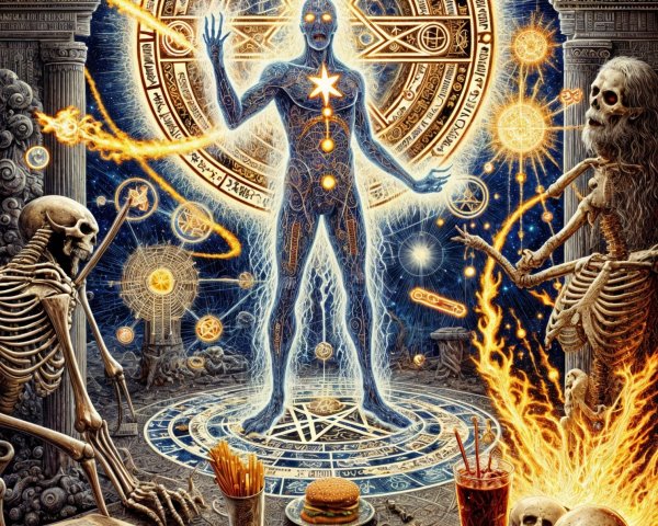 Ethereal Figure and Skeletons in Mystical Ritual Scene