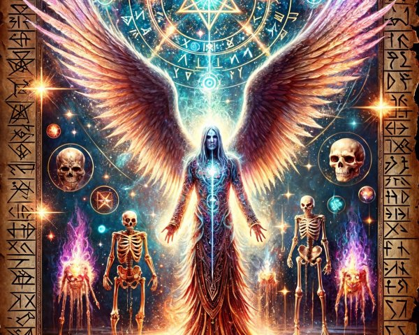 Mystical Figure with Glowing Wings in Cosmic Realm