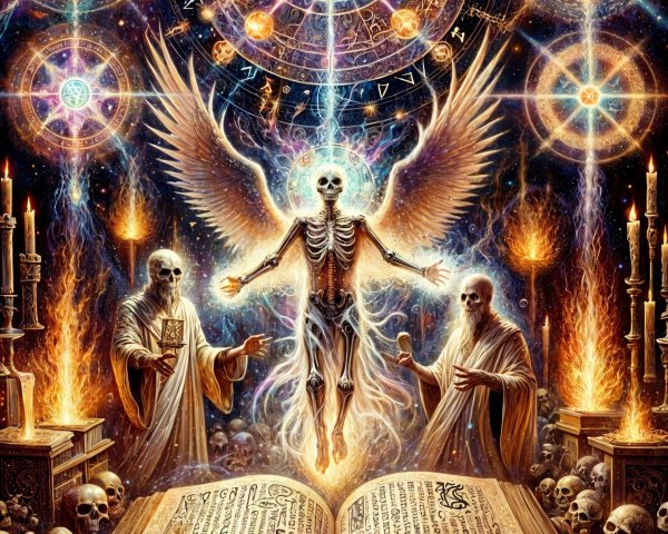 Mystical Scene with Ethereal Figure and Cosmic Symbols