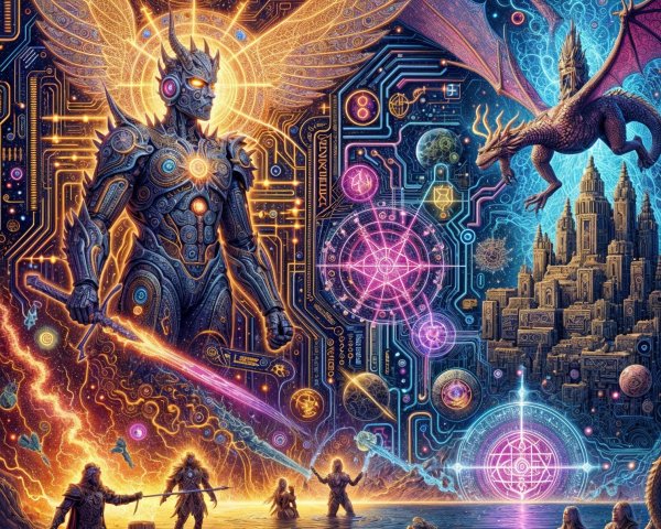 Robotic Angel in Cosmic Scene with Futuristic City