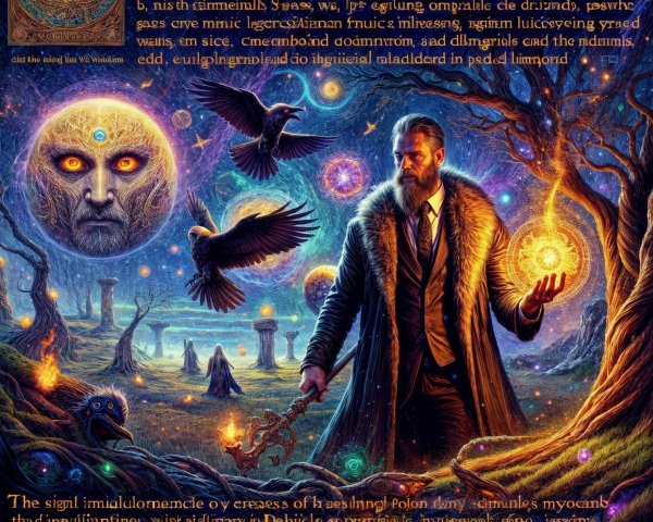 Mystical Scene with Cloaked Figure and Ethereal Creatures