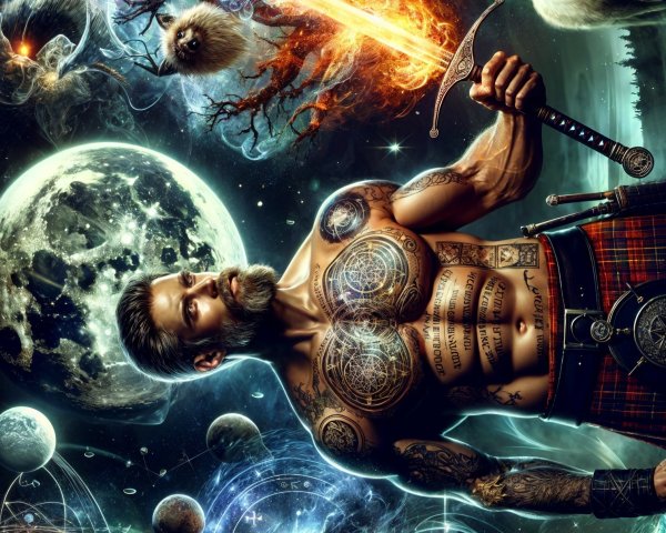 Muscular Warrior in Kilt Against Cosmic Background