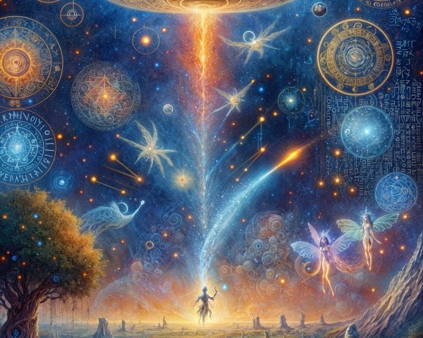 Radiant Galaxy with Ethereal Beings and Symbols