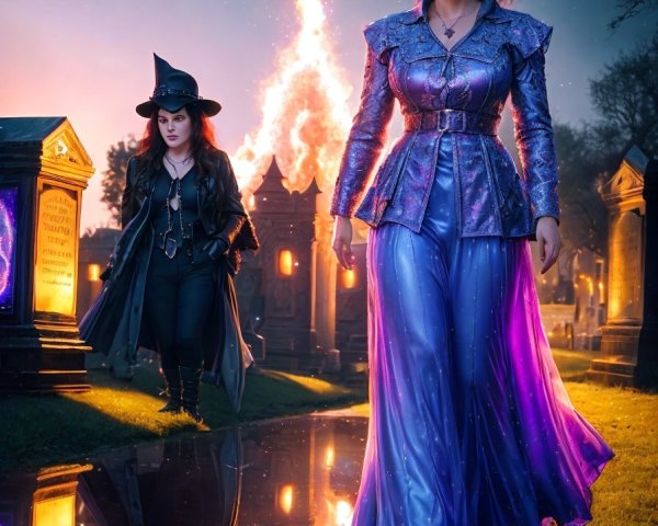 Witches in a Twilight Graveyard with Eerie Atmosphere