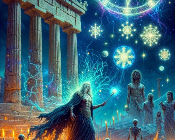 Ancient temple in mystical landscape with ethereal flames