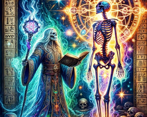 Mystical Wizard with Glowing Staff and Ethereal Skeleton