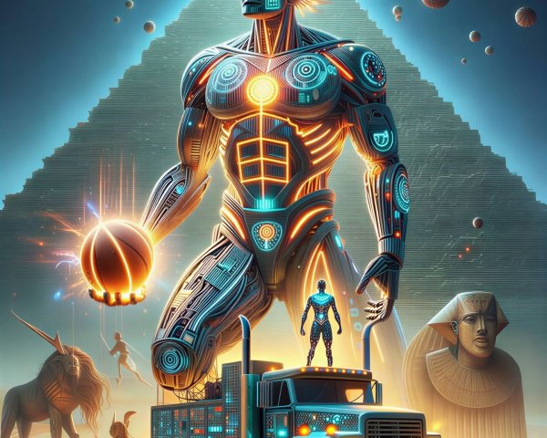 Futuristic Egyptian Desert with Robotic Figure and Pyramid