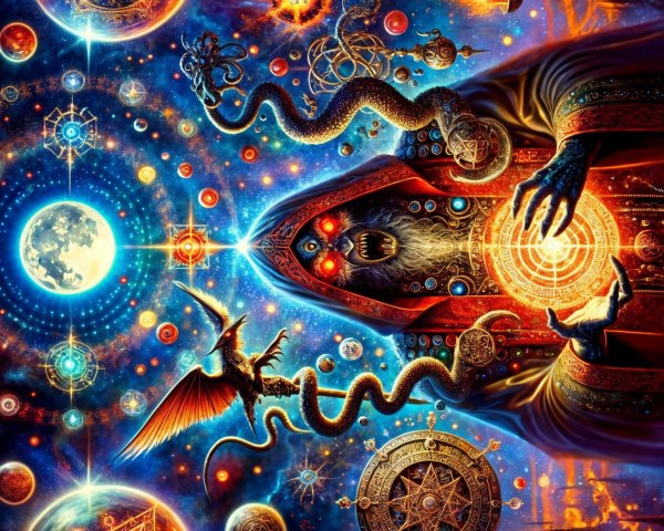 Mystical Figure in Vibrant Robe Amid Cosmic Elements