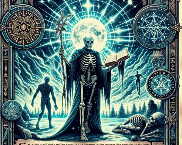 Mystical Tome with Ethereal Skeleton and Arcane Symbols