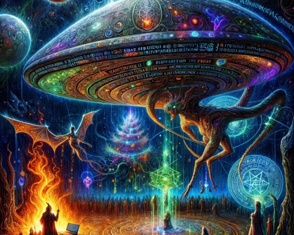 Vibrant Cosmic Scene with UFO and Mystical Elements