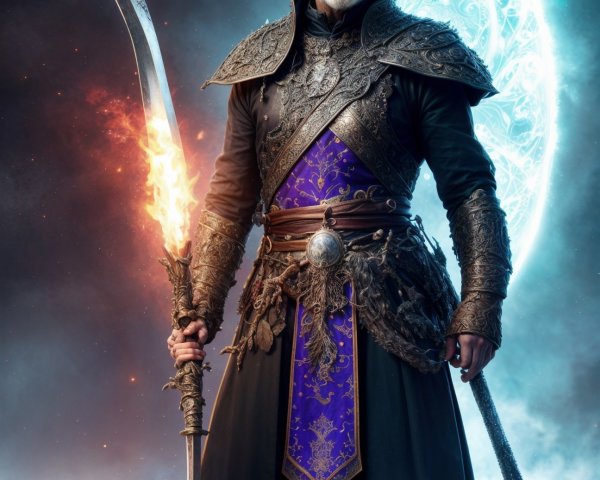 Regal warrior with flaming sword and ornate armor