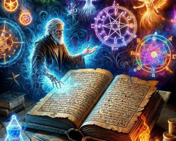 Ancient Wizard with Illuminated Book and Magical Symbols
