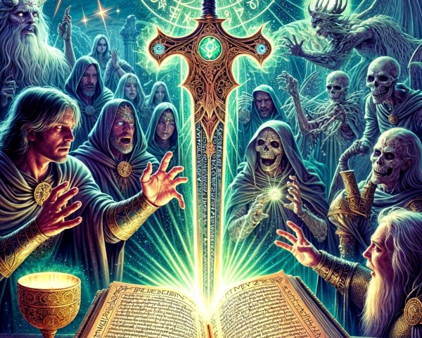 Cloaked Figures and Radiant Sword in Mystical Scene