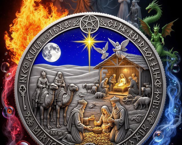 Intricate Silver-Grey Medallion with Nativity Scene
