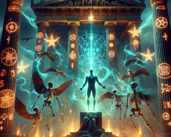 Mystical Temple Scene with Skeletons and Ethereal Figures