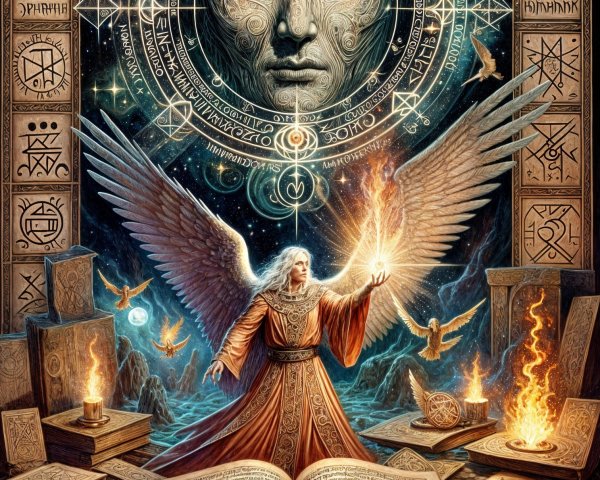 Mystical Scene with Angelic Figure and Open Book