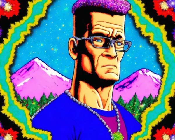 Muscular Character in a Psychedelic Landscape