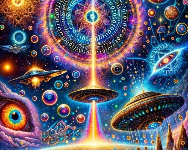 Vibrant Cosmic Scene with Galaxies and Symbols