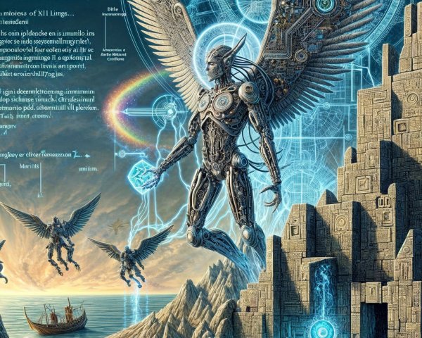 Futuristic Landscape with Robotic Angel and City