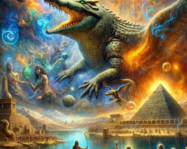 Fantasy Scene with Egyptian Elements and Cosmic Themes
