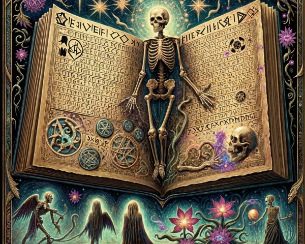 Ornate Mystical Book with Celestial Motifs and Skeleton