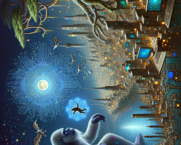 Cosmic Gorilla with Wings in Surreal Landscape