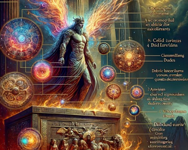 Majestic figure with fiery wings among ancient columns