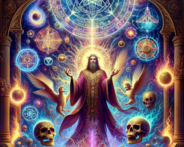 Mystical Figure Surrounded by Celestial Symbols and Energy