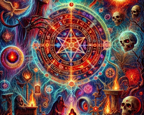 Cosmic Scene with Glowing Pentagram and Mystical Elements