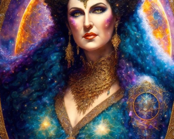 Mystical Woman in Blue and Gold with Cosmic Background
