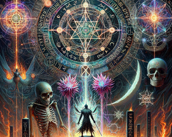 Cloaked Figure Amidst Glowing Symbols and Surreal Flora