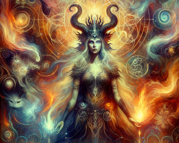 Mystical Figure in Ethereal Landscape with Cosmic Elements