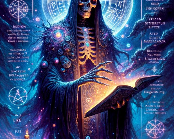 Mystical Skeleton in Dark Robe with Ancient Book