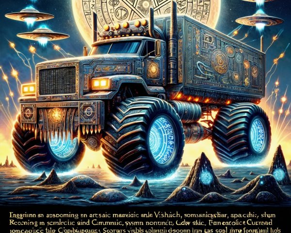 Futuristic monster truck in cosmic, vibrant scene