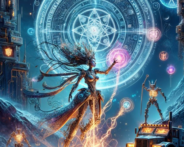 Futuristic Sorceress with Energy Orbs and Robots