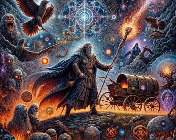 Mystical Scene with Enigmatic Figure and Celestial Elements