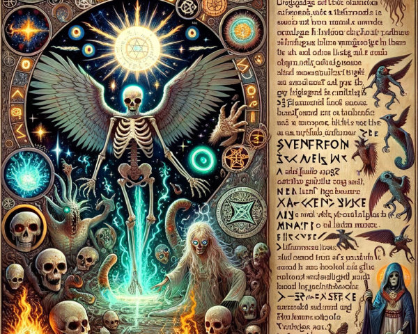 Ancient Book Page with Skeletal Figure and Symbols
