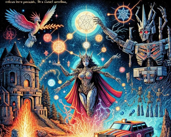 Cosmic Landscape with Castles and Robotic Warriors