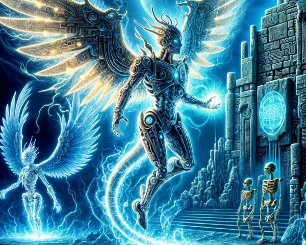 Futuristic Scene of Robotic Angel and Ethereal Wings
